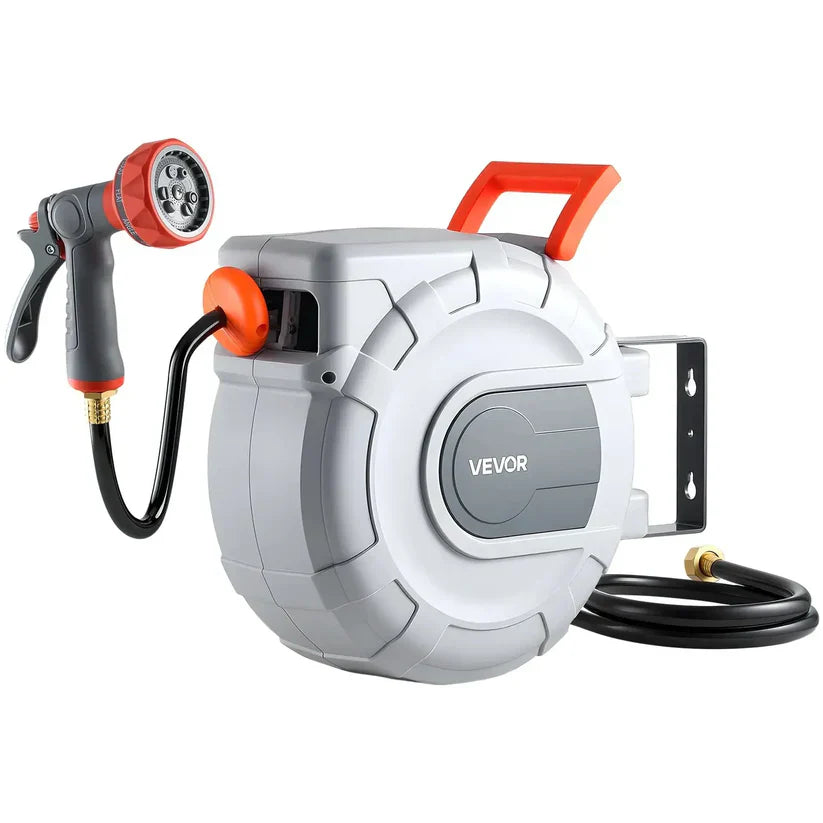 Retractable Garden Hose Reel with 9-Pattern Nozzle & 180° Swivel Bracket