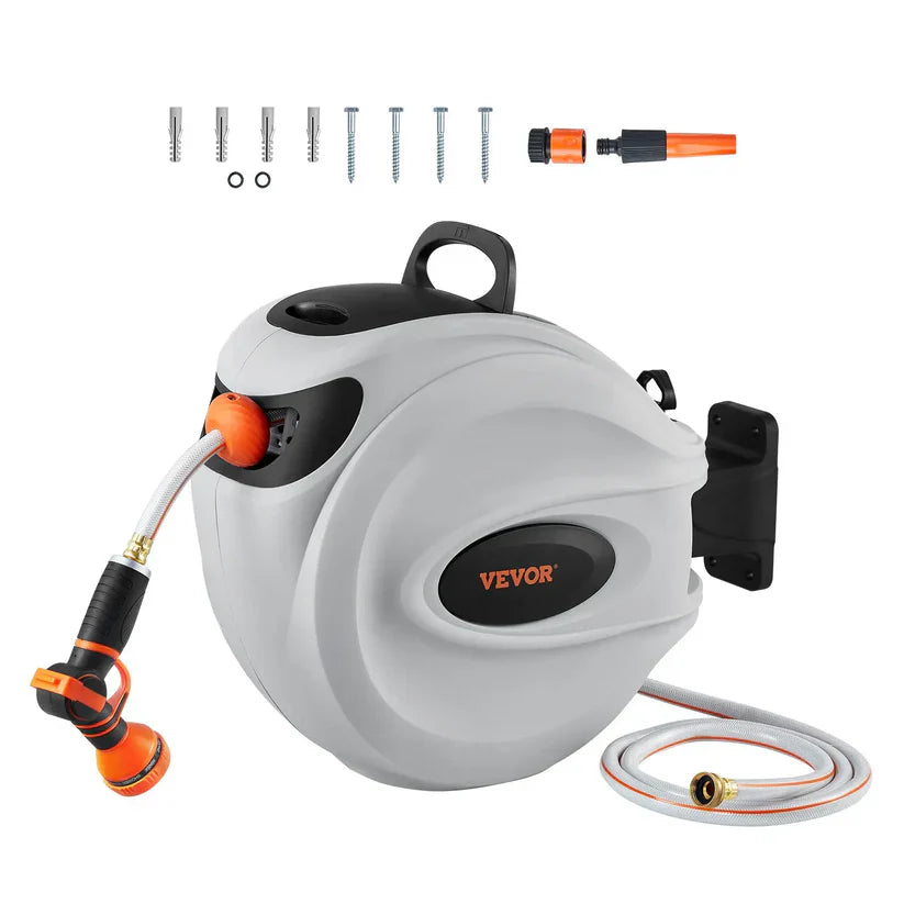 Retractable Garden Hose Reel with 9-Pattern Nozzle & 180° Swivel Bracket